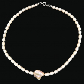 Preview: Weiße Süßwasser Zuchtperlen Halskette, Collier