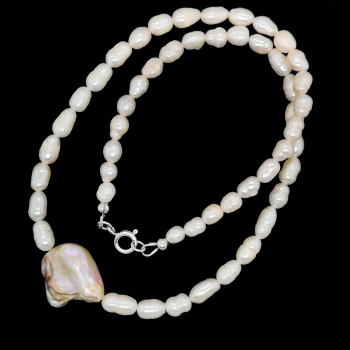 Preview: Weiße Süßwasser Zuchtperlen Halskette, Collier